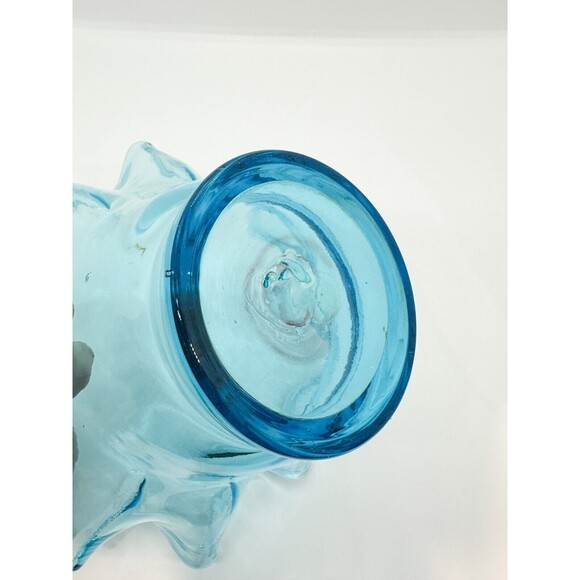 Handblown Glass Bowl Ruffle Edge Blue Candy Dish Aqua Vase Planter Handmade - Picture 6 of 9